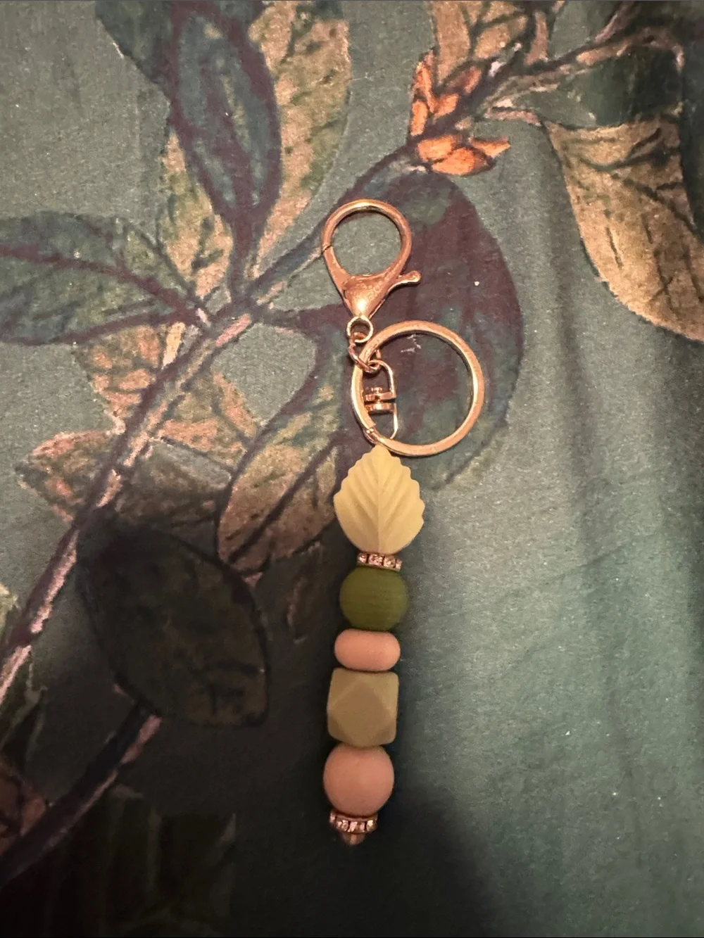 Beaded Leaf Charm Keychain - Green and Pink